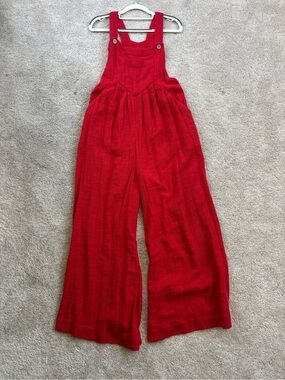 Free People Red Wide Leg Overalls Textured Cotton Jumpsuit S